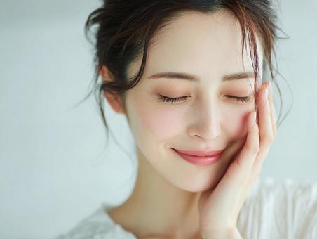 頬を押さえる幸せそうな女性 頬を押さえる幸せそうな女性の写真