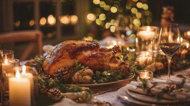ローストチキン華やかなクリスマスディナーの写真