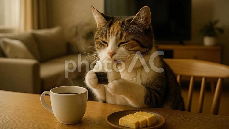 おにぎりを食べる猫 猫,動物,おにぎりの写真素材
