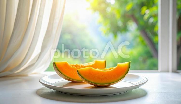 白いお皿に乗ったオレンジ色のメロン メロン,果物,スイーツの写真素材