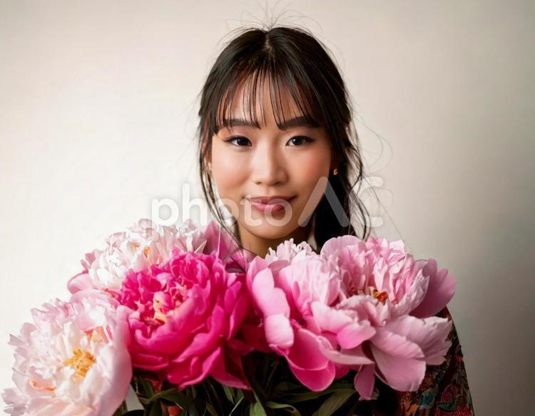 彼女と牡丹（の花） 笑顔,彼女,6月の写真素材