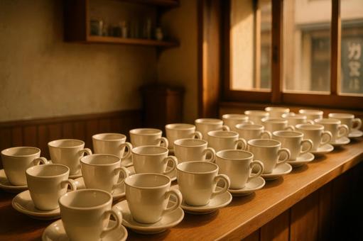 開店準備の並ぶカップ 開店準備の並ぶカップの写真