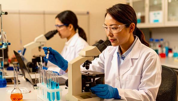 研究所で顕微鏡をのぞく女性の研究者 研究所で顕微鏡をのぞく女性の研究者の写真