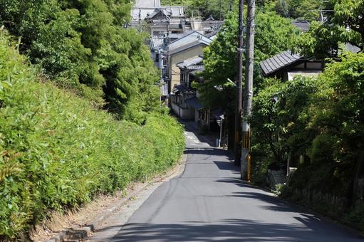 緑の生け垣と住宅街の間の坂道の町の風景 緑の生け垣と住宅街の間の坂道の町の風景 緑,生け垣,住宅街の写真素材