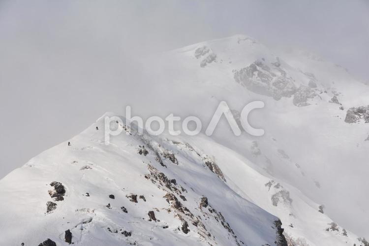 雪の谷川岳・西黒尾根を登る登山者 谷川岳,西黒尾根,雪山の写真素材