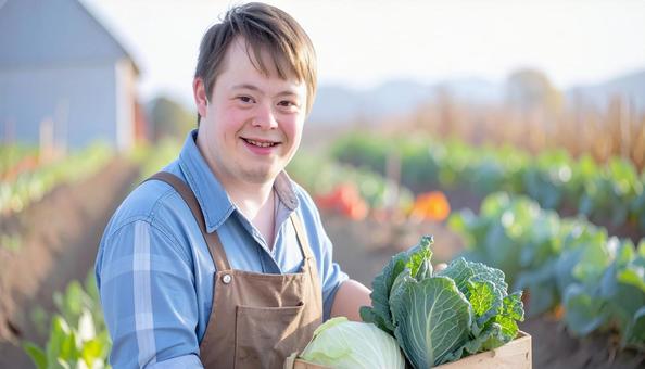 農場で働くダウン症の男性 野菜収穫 農場で働くダウン症の男性 野菜収穫の写真