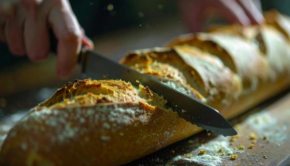 フランスパンをナイフでカットしている手元の写真