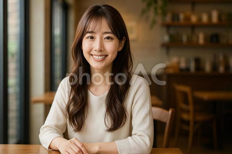 カフェで笑顔を見せる女性・ライフスタイル カフェ,笑顔,女性の写真素材