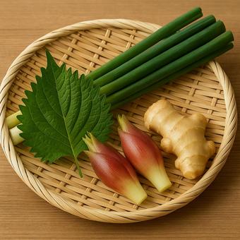 ざるに盛った薬味 ざるに盛った薬味の写真
