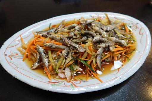 Photo, horse mackerel, pickled in nambaransu, small fish, 