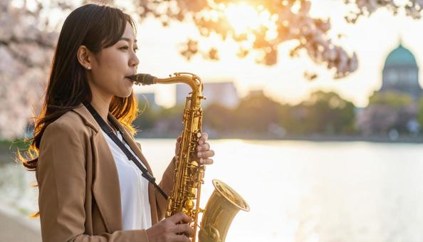 バリトンサックスを演奏する女性 バリトンサックスを演奏する女性の写真