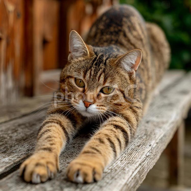 木のベンチで伸びをする、リラックスした猫 猫,ネコ,動物の写真素材