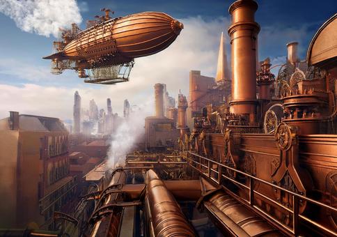 蒸気配管と飛行船が彩るスチームパンクの空の写真