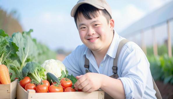 農場で働くダウン症の男性　野菜収穫の写真