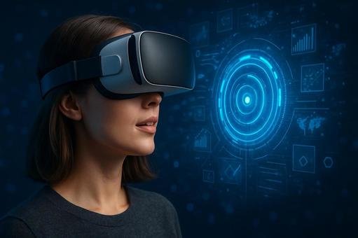 VRヘッドセットでホログラムを見る女性 VRヘッドセットでホログラムを見る女性の写真