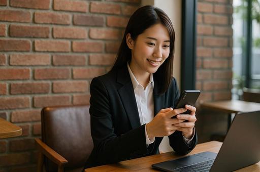 カフェでスマホ操作するビジネス女性・仕事 カフェでスマホ操作するビジネス女性・仕事の写真
