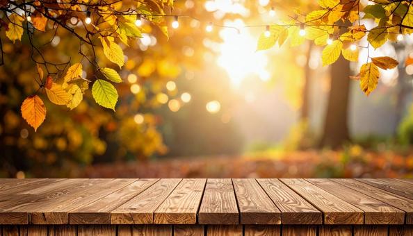秋の紅葉と木のテーブル素材 秋の紅葉と木のテーブル素材の写真