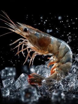 氷と水しぶきが舞う新鮮なエビ 氷と水しぶきが舞う新鮮なエビの写真