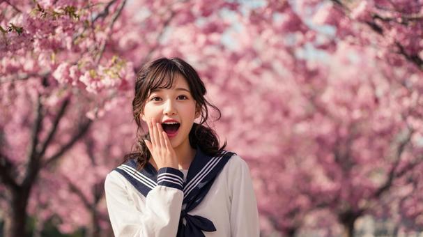 桜の下で驚く表情 桜の下で驚く表情の写真