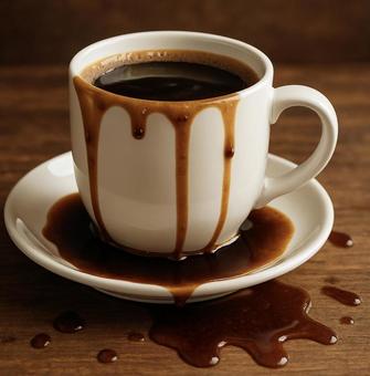 こぼれたホットコーヒーと白いマグカップ こぼれたホットコーヒーと白いマグカップの写真