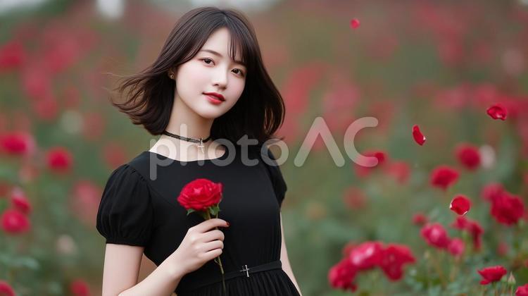 薔薇園と黒髪の女性 女性,バラ,薔薇の写真素材