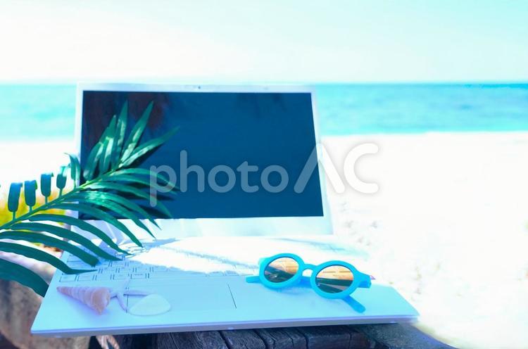 リモートワークのイメージ②（ヤシの葉） パソコン,海,リモートワークの写真素材