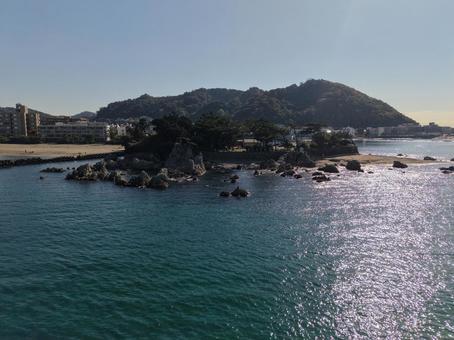 葉山・森戸大明神裏の海岸 ドローン,空撮,森戸神社の写真素材