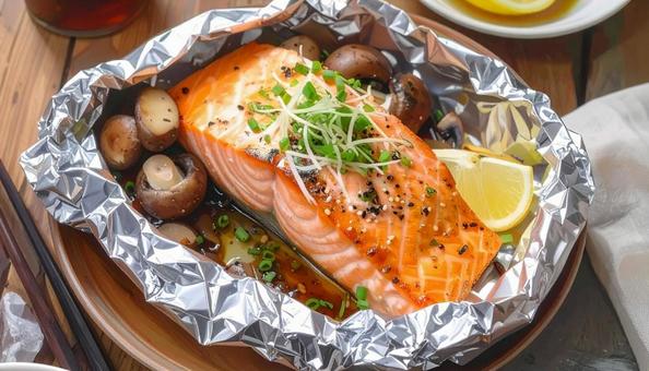 鮭とキノコのホイルの包み焼き 秋の味覚 鮭とキノコのホイルの包み焼き 秋の味覚の写真
