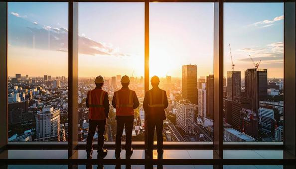 窓から街を見つめる建設作業員の社員 窓から街を見つめる建設作業員の社員の写真