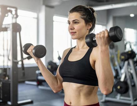 ジムでダンベル筋トレする女性の写真