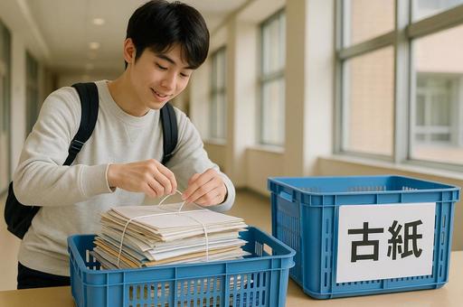 古紙のリサイクルをする男性 古紙のリサイクルをする男性の写真