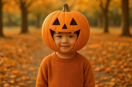 カボチャ帽の子どもの写真
