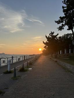 夕日の海と遊歩道 夕日の海と遊歩道 夕日,夕焼け,夕空の写真素材