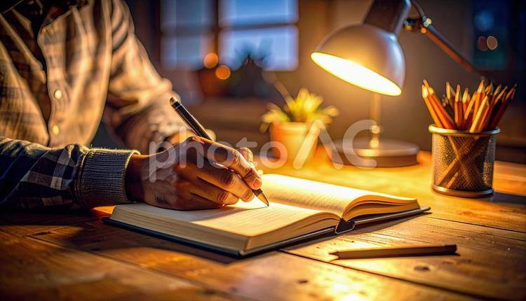 デスクライトと勉強／集中する夜の学習 勉強,学習,ノートの写真素材