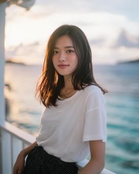 夕暮れの海を背景にした若い日本人女性 夕暮れの海を背景にした若い日本人女性の写真