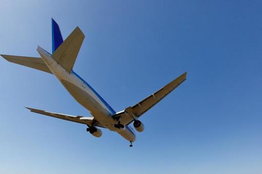 青空｜着陸飛行機｜後ろ姿 飛行機,航空機,旅客機の写真素材