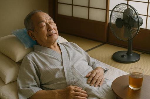 氷枕で涼をとる高齢者 氷枕で涼をとる高齢者の写真