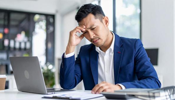 頭を押さえて悩む日本人男性ビジネスマンの写真