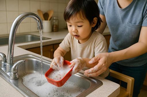 親子の食器洗い 親子の食器洗いの写真
