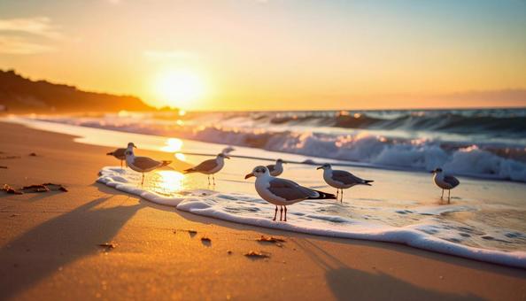 夕暮れの浜辺のカモメ 夕暮れの浜辺のカモメの写真