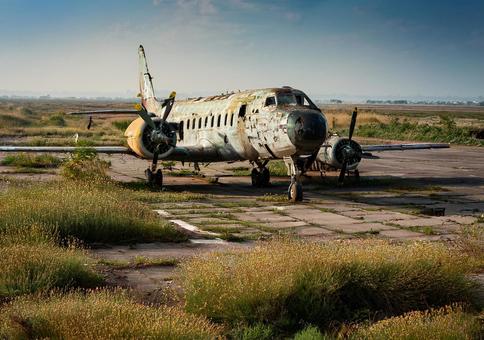 草に覆われた廃墟のプロペラ機 草に覆われた廃墟のプロペラ機の写真