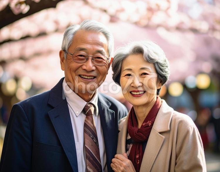 花見をする仲が良いシニアの上品な夫婦 シニア,夫婦,老夫婦の写真素材