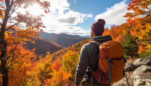 山の上から紅葉を眺める男性 山の上から紅葉を眺める男性の写真