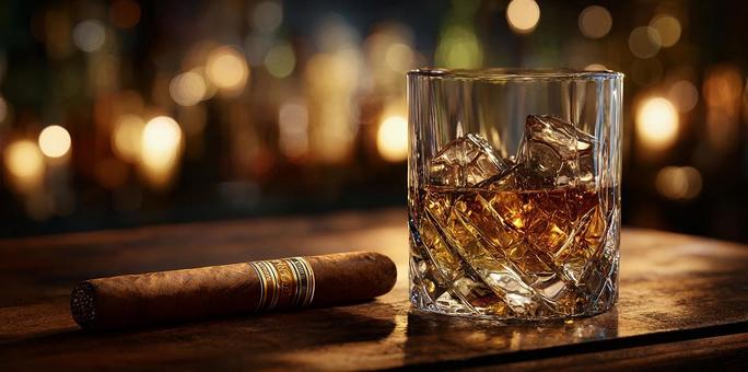 カウンターに置かれたウイスキーとシガーの写真