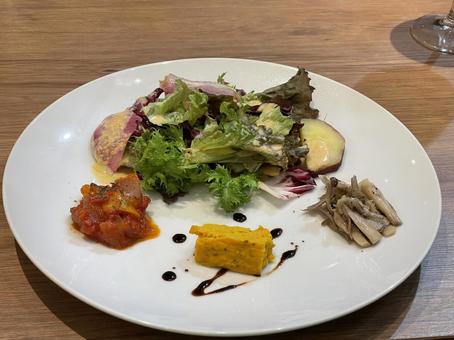 レストランのアンティパスト前菜プレート レストランのアンティパスト前菜プレート 野菜,トマトソース,かぼちゃの写真素材