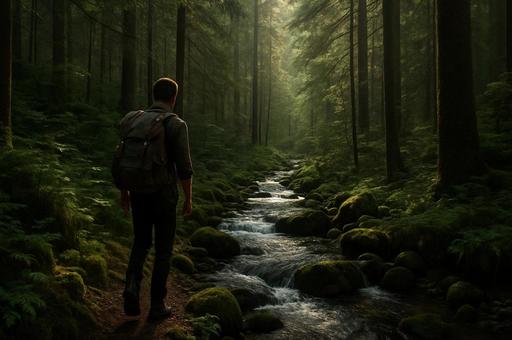 森を歩く人物と渓流 森を歩く人物と渓流の写真