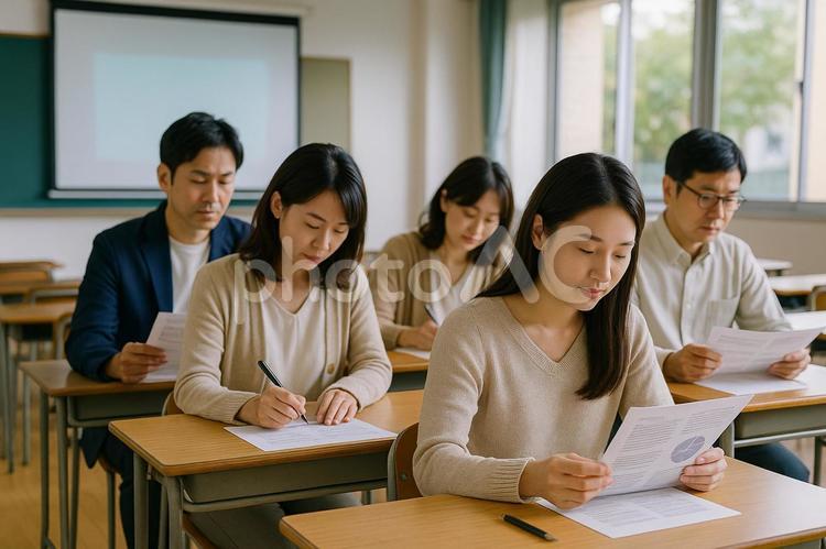 進学説明会で資料を見る保護者 保護者,説明会,学校の写真素材