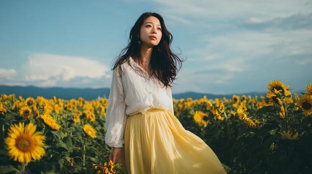 幸福な笑顔:ひまわり畑で輝く日本人女性 幸福な笑顔:ひまわり畑で輝く日本人女性の写真