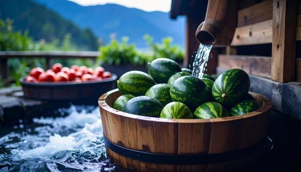 山に流れる水で冷えた夏野菜 山に流れる水で冷えた夏野菜の写真