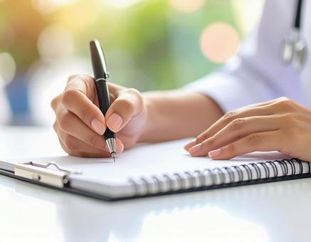 問診内容をメモに書き留める白衣の女性医師 問診内容をメモに書き留める白衣の女性医師の写真